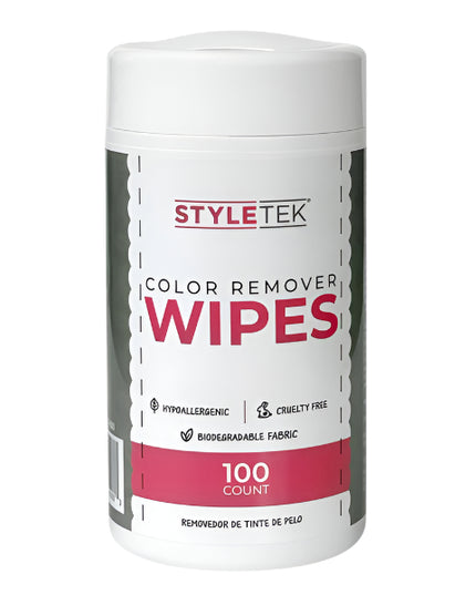 Hair Color Remover Wipes In the salon the dye color can often gets messy…well STYLEK is here with their break through sensitive formula and biodegradable fabric to help! Use on the face and neck to help with all the clean-up you need. Our wipes leave a clean and fresh scent with a non-irritating formula. They will also help moisten the clients skin to make them feel beautiful. No more hard scrubbing with towels.