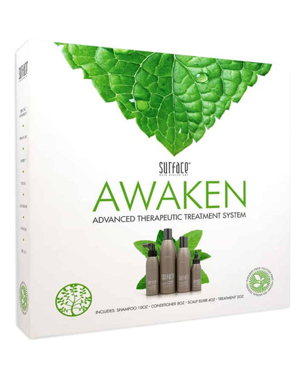 A clear and simple solution to revive scalp and hair

Advanced Therapeutic Treatment System Includes:

1- Awaken Therapeutic Shampoo 10 oz.
1- Awaken Therapeutic Conditioner 8 oz.
1- Awaken Therapeutic Treatment 2 oz.
1- Awaken Scalp Elixir 4 oz.