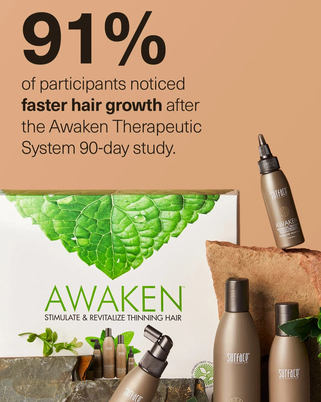 A clear and simple solution to revive scalp and hair

Advanced Therapeutic Treatment System Includes:

1- Awaken Therapeutic Shampoo 10 oz.
1- Awaken Therapeutic Conditioner 8 oz.
1- Awaken Therapeutic Treatment 2 oz.
1- Awaken Scalp Elixir 4 oz.