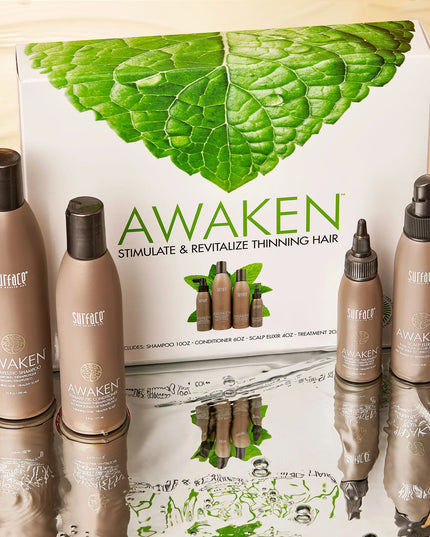 A clear and simple solution to revive scalp and hair

Advanced Therapeutic Treatment System Includes:

1- Awaken Therapeutic Shampoo 10 oz.
1- Awaken Therapeutic Conditioner 8 oz.
1- Awaken Therapeutic Treatment 2 oz.
1- Awaken Scalp Elixir 4 oz.