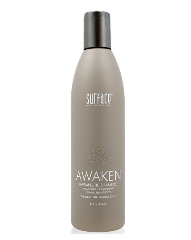Surface's Awaken Therapeutic Shampoo uses natural palm and coconut oil to gently cleanse while natural capsicum and menthol stimulate to maximize delivery of nutrients to hair and scalp.