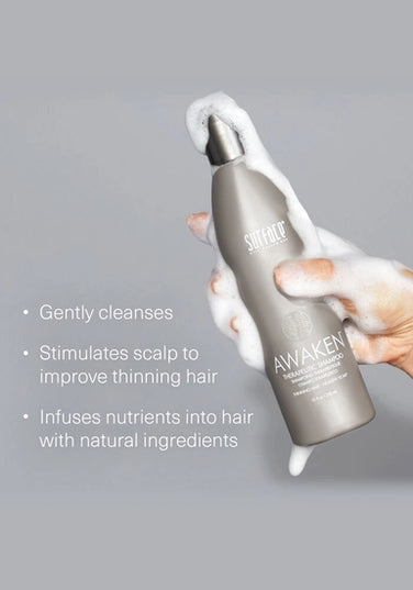 Surface's Awaken Therapeutic Shampoo uses natural palm and coconut oil to gently cleanse while natural capsicum and menthol stimulate to maximize delivery of nutrients to hair and scalp.