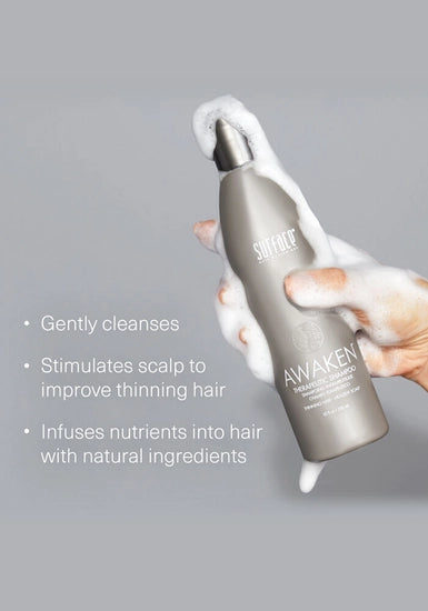 Surface's Awaken Therapeutic Shampoo uses natural palm and coconut oil to gently cleanse while natural capsicum and menthol stimulate to maximize delivery of nutrients to hair and scalp.