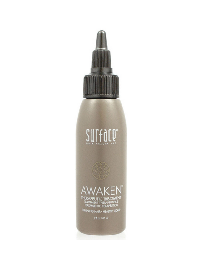 Surface's Awaken Therapeutic Treatment uses natural extracts including saw palmetto with mineral ferments and antioxidants to help detoxify and rejuvinate the scalp and follicle. Nutrients are maximized with vegan protein and essential amino acids.