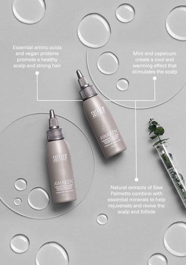 Surface's Awaken Therapeutic Treatment uses natural extracts including saw palmetto with mineral ferments and antioxidants to help detoxify and rejuvinate the scalp and follicle. Nutrients are maximized with vegan protein and essential amino acids.