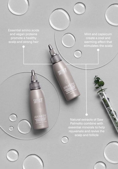 Surface's Awaken Therapeutic Treatment uses natural extracts including saw palmetto with mineral ferments and antioxidants to help detoxify and rejuvinate the scalp and follicle. Nutrients are maximized with vegan protein and essential amino acids.