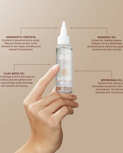Hydrating oil for normal to fine hair. Surface's Bassu Hydrating Oil intensifies shine, color and condition. Babassu Oil and Color Vita Complex penetrate, restore and intensify natural shine while providing hydration, protection and the ultimate antioxidant color lock.