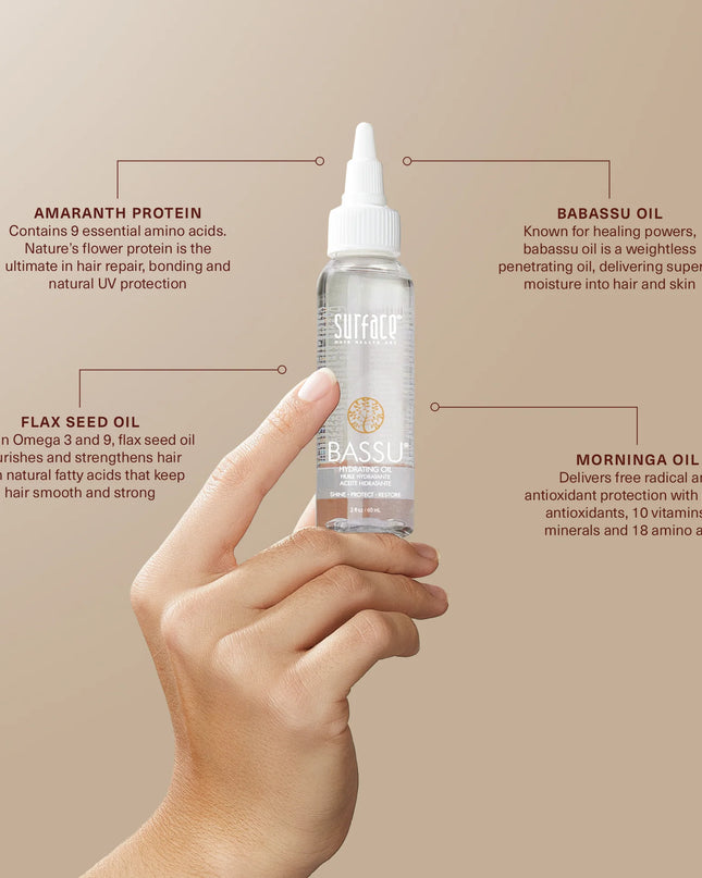 Hydrating oil for normal to fine hair. Surface's Bassu Hydrating Oil intensifies shine, color and condition. Babassu Oil and Color Vita Complex penetrate, restore and intensify natural shine while providing hydration, protection and the ultimate antioxidant color lock.