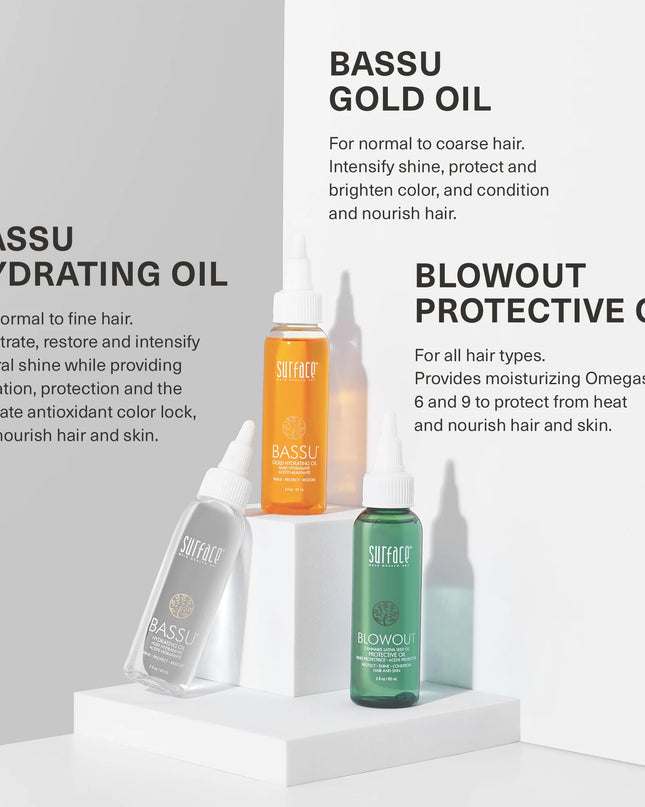 Hydrating oil for normal to fine hair. Surface's Bassu Hydrating Oil intensifies shine, color and condition. Babassu Oil and Color Vita Complex penetrate, restore and intensify natural shine while providing hydration, protection and the ultimate antioxidant color lock.