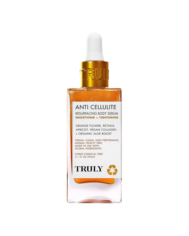Truly's Anti Cellulite Resurfacing Body Serum is a powerful toning moisturizer that blurs the appearance of dimpled skin while helping to minimize the look of wrinkles. Harnessing the power of bitter orange and retinol to help visibly smooth and tighten skin on thighs, stomach, and hips.