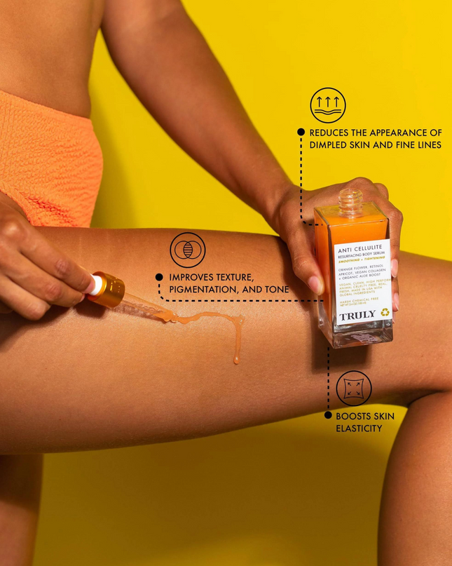 Truly's Anti Cellulite Resurfacing Body Serum is a powerful toning moisturizer that blurs the appearance of dimpled skin while helping to minimize the look of wrinkles. Harnessing the power of bitter orange and retinol to help visibly smooth and tighten skin on thighs, stomach, and hips.