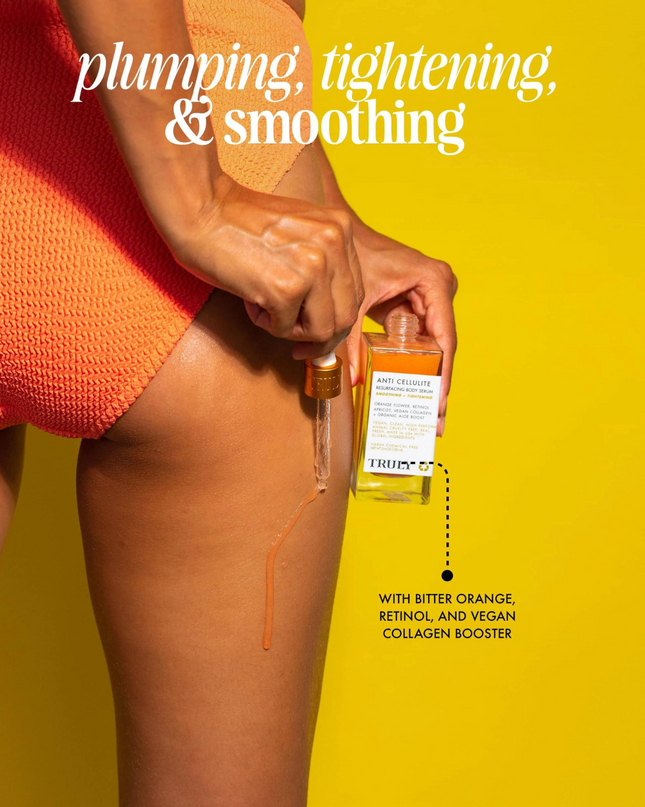 Truly's Anti Cellulite Resurfacing Body Serum is a powerful toning moisturizer that blurs the appearance of dimpled skin while helping to minimize the look of wrinkles. Harnessing the power of bitter orange and retinol to help visibly smooth and tighten skin on thighs, stomach, and hips.