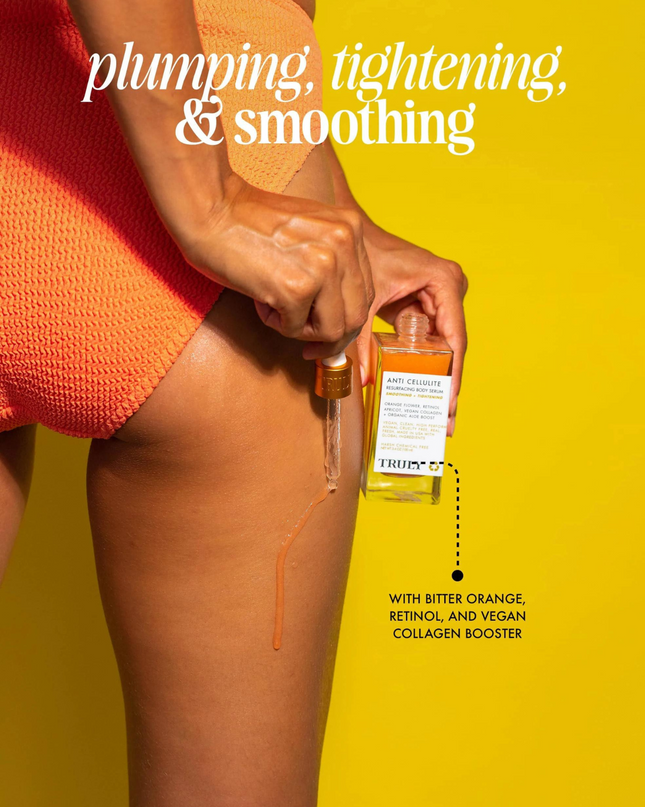 Truly's Anti Cellulite Resurfacing Body Serum is a powerful toning moisturizer that blurs the appearance of dimpled skin while helping to minimize the look of wrinkles. Harnessing the power of bitter orange and retinol to help visibly smooth and tighten skin on thighs, stomach, and hips.