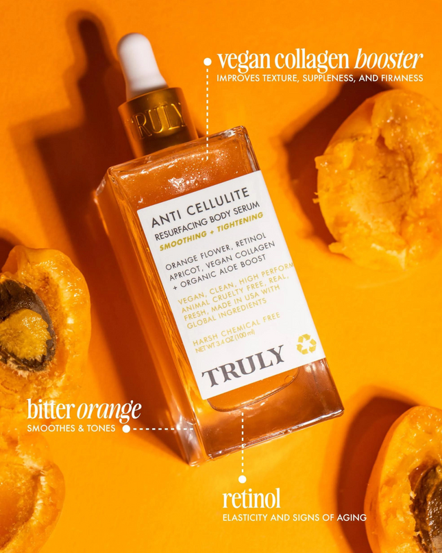 Truly's Anti Cellulite Resurfacing Body Serum is a powerful toning moisturizer that blurs the appearance of dimpled skin while helping to minimize the look of wrinkles. Harnessing the power of bitter orange and retinol to help visibly smooth and tighten skin on thighs, stomach, and hips.