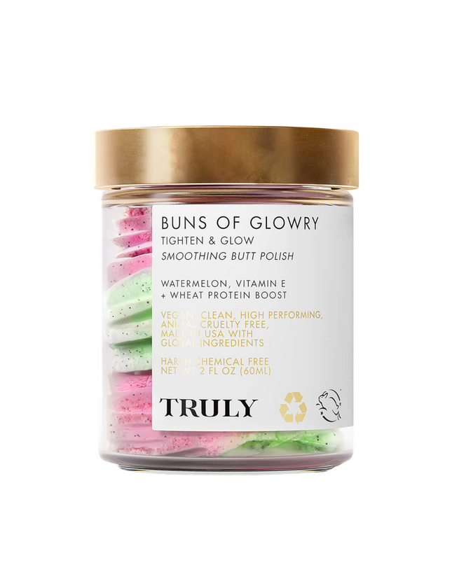 Give your tush an extra push with Truly's Buns Of Glowry Tighten & Glow Smoothing Butt Polish. Its two key ingredients are wheat protein and watermelon extract. Wheat protein's film-forming properties will increases firmness of the skin, while minimizing the appearance of fine lines and cellulite.