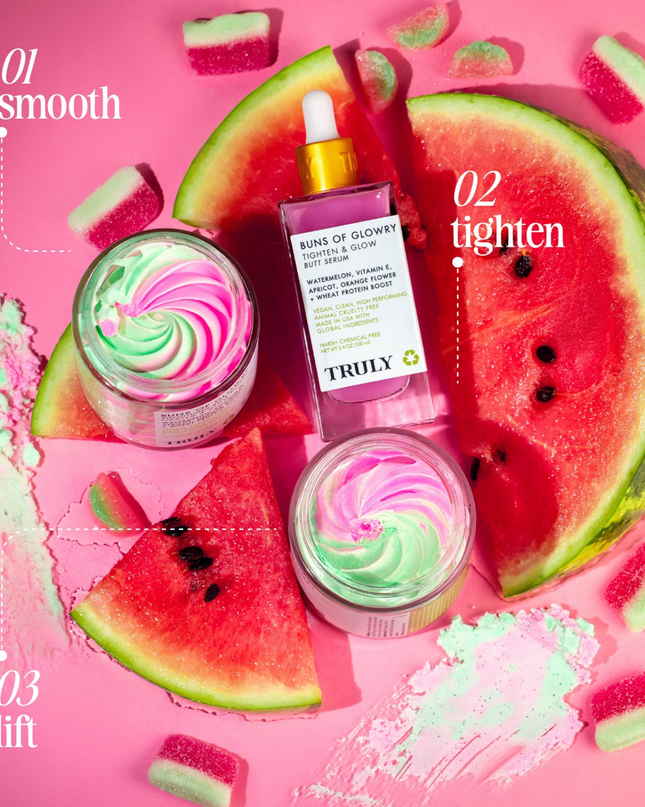 Give your tush an extra push with Truly's Buns Of Glowry Tighten & Glow Smoothing Butt Polish. Its two key ingredients are wheat protein and watermelon extract. Wheat protein's film-forming properties will increases firmness of the skin, while minimizing the appearance of fine lines and cellulite.