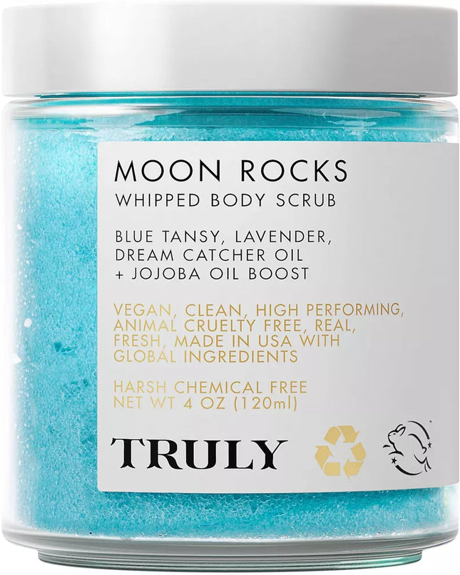 A lightly whipped sugar scrub that delivers brighter, smoother skin instantly. Moon Rocks Body Scrub gently exfoliates to brighten and smooth skin texture while reducing redness. It’s formulated with a nourishing base of 100% organic coconut oil, brightening lavender, and protective vitamin E to buff and brighten up lackluster skin. In a beautifully blue tint, à la ultra moisturizing blue tansy.