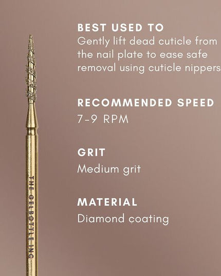 TGB Cuticle Lifter is a spiraled diamond bit used to safely and gently lift dead cuticle from the nail plate, providing more precise prep. This tool can be used in conjunction with, or as a replacement for your Cuticle Remover bit.
