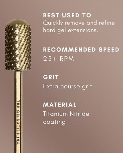 Quickly and easily remove hard gel and extensions with the Debulker e-file bit. Featuring an extra-coarse grit, this quickly debulks product to leave you with a smooth base for either infill or soak off.

Once all desired product is removed, follow with your Cuticle Remover Bit to perfect your cuticle prep.

Top tip! Use this bit at a higher speed to quickly remove and debulk extensions like our ProForm™ or GelPot, ahead of a fresh set.