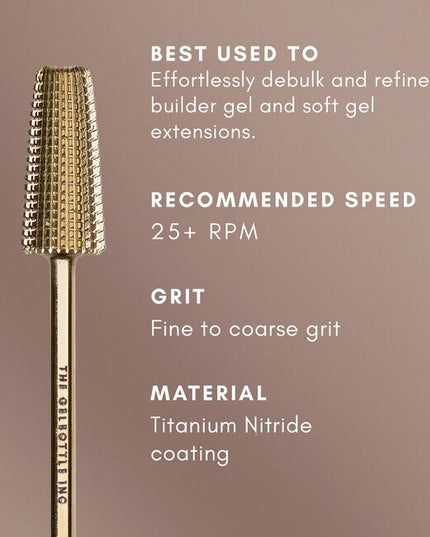 Your must-have TGB E-File essential! TGB 6-In-1 Bit effortlessly removes and refines soft gels for quicker appointments thanks to its gradient of grits. Offering multiple grits in one bit makes refining around the cuticle, removing and debulking easier than ever.