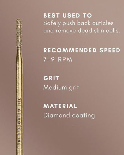 TGB slim cylindrical diamond bit safely pushes back cuticles whilst removing dead skin cells from the nail plate. This precision bit helps speed up cuticle removal in place of using a cuticle pusher. Use as step one of cuticle prep ahead of the Cuticle Lifter Bit.
