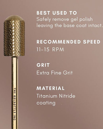 Speed up your appointments with TGB Gel Remover bit. This extra fine grit cylindrical bit quickly files away gel polish, leaving the base coat perfectly intact, ready to be soaked off. Say goodbye to long manual removals!