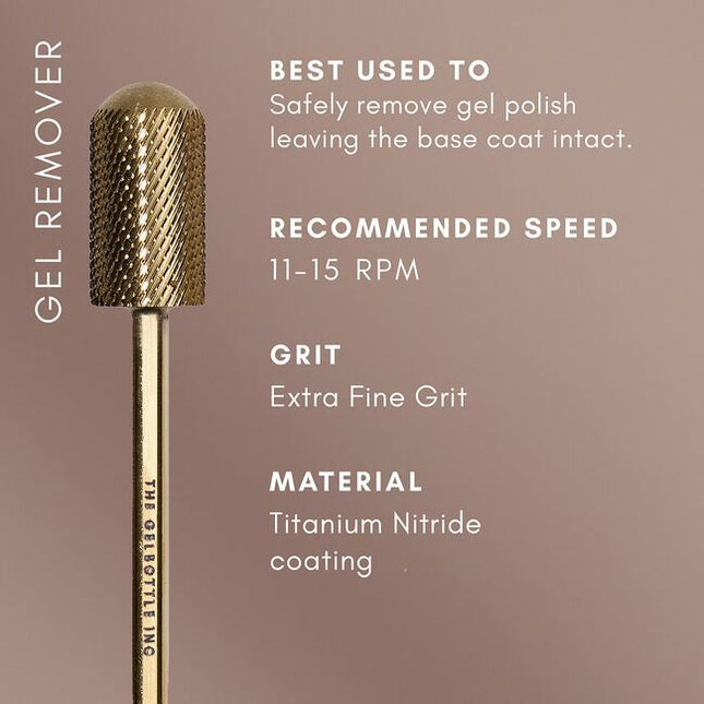 Speed up your appointments with TGB Gel Remover bit. This extra fine grit cylindrical bit quickly files away gel polish, leaving the base coat perfectly intact, ready to be soaked off. Say goodbye to long manual removals!
