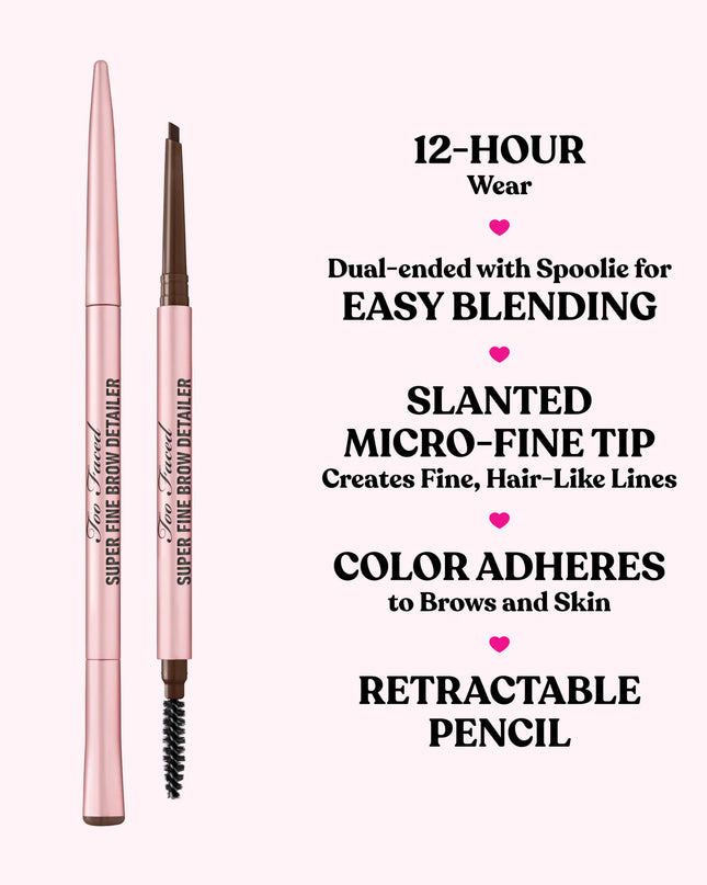 This micro-fine, bevel-tipped brow detailer eyebrow pencil delivers smooth, creamy color with precise strokes, making it possible to mimic a professional microblading effect. Define arches, fill sparse areas, and shape brows for a natural or dramatic look that’s waterproof, smudge proof, and super longwearing.