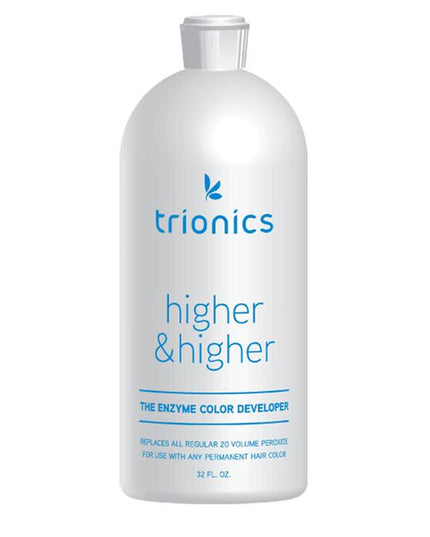Higher & Higher 50-80 Volume Developer is the ultimate enzyme developer for use in off-the-scalp high lift color and bleaching with any manufacturer's color or bleach. Trionics Higher &amp; Higher works wonderfully with foils and will not run away from you. Hi-Lift (Works like a 50 to 100 volume developer).
