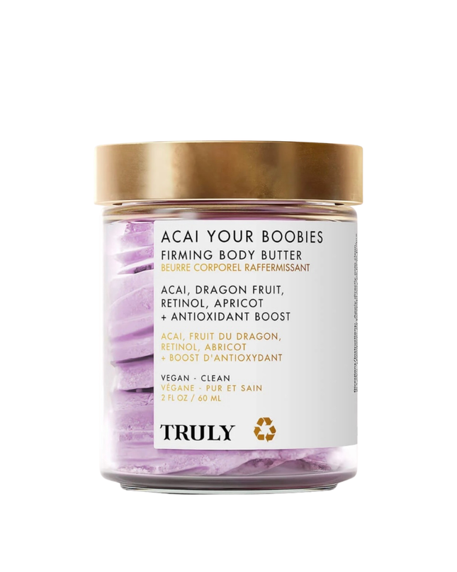 Perk up your pair with Acai Your Boobies whipped butter! It’s designed to smooth skin and nips while also tightening and firming your twins! It also helps reduce the appearance of stretch marks and fine lines for a youthful perky chest!