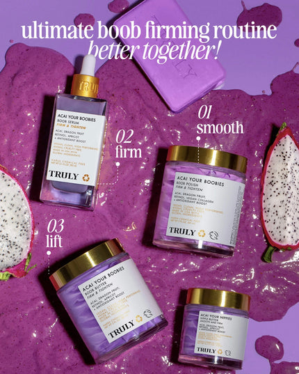 Perk up your pair with Acai Your Boobies whipped butter! It’s designed to smooth skin and nips while also tightening and firming your twins! It also helps reduce the appearance of stretch marks and fine lines for a youthful perky chest!