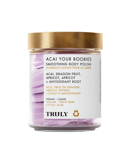 An exfoliating body polish that smooths chest skin and reduces fine lines with acai berry, retinol, and nourishing shea and mango butter for brighter, firmer breasts.

Perk up your pair with Acai Your Boobies smoothing polish! It’s designed to smooth skin and nips while also tightening and firming your twins! It also helps reduce the appearance of stretch marks and fine lines for a youthful perky chest!