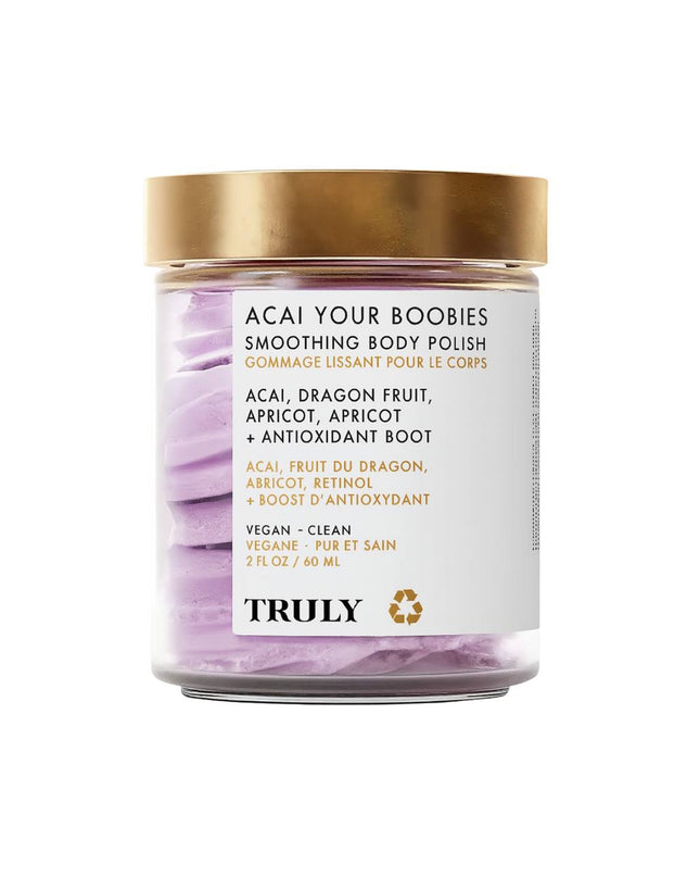 An exfoliating body polish that smooths chest skin and reduces fine lines with acai berry, retinol, and nourishing shea and mango butter for brighter, firmer breasts.
Perk up your pair with Acai Your Boobies smoothing polish! It’s designed to smooth skin and nips while also tightening and firming your twins! It also helps reduce the appearance of stretch marks and fine lines for a youthful perky chest!