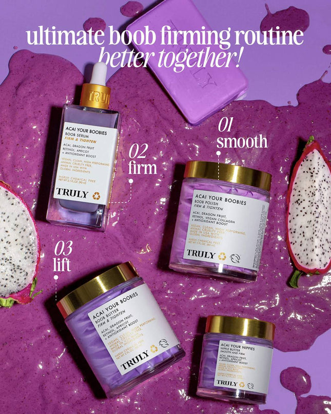 An exfoliating body polish that smooths chest skin and reduces fine lines with acai berry, retinol, and nourishing shea and mango butter for brighter, firmer breasts.
Perk up your pair with Acai Your Boobies smoothing polish! It’s designed to smooth skin and nips while also tightening and firming your twins! It also helps reduce the appearance of stretch marks and fine lines for a youthful perky chest!