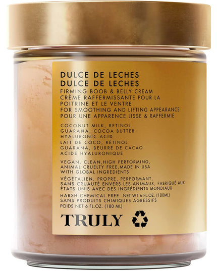 Get firmer boobs and belly with Truly Beauty Dulce de Leches Firming Boob Belly Cream. This cream is formulated without parabens, phthalates, SLS, SLES, triclosan, formaldehyde, formaldehyde-releasing agents, and hydroquinone, making it a great choice for those who want to shop consciously. Plus, it’s never tested on animals, so you can feel good about using it.