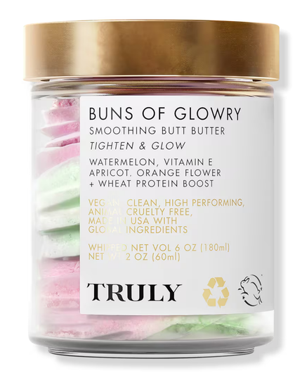 Give your tush an extra push with Truly's Buns Of Glowry Tighten & Glow Smoothing Butt Butter. Its two key ingredients - wheat protein and watermelon extract, leave you with a firm derriere that glows.