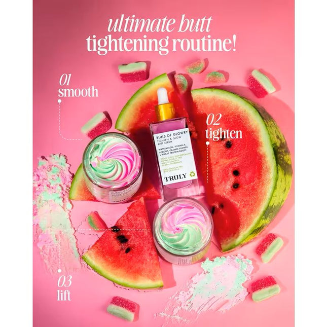 Give your tush an extra push with Truly's Buns Of Glowry Tighten & Glow Smoothing Butt Butter. Its two key ingredients - wheat protein and watermelon extract, leave you with a firm derriere that glows.