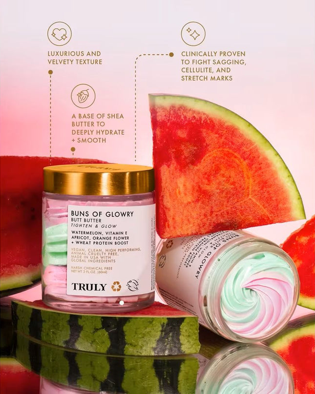 Give your tush an extra push with Truly's Buns Of Glowry Tighten & Glow Smoothing Butt Butter. Its two key ingredients - wheat protein and watermelon extract, leave you with a firm derriere that glows.