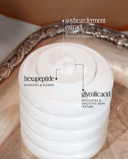 A lightweight gel cream that infuses dry, textured skin with hexapeptide, glycolic acid, and soybean ferment extract for a visibly plumper, smoother complexion