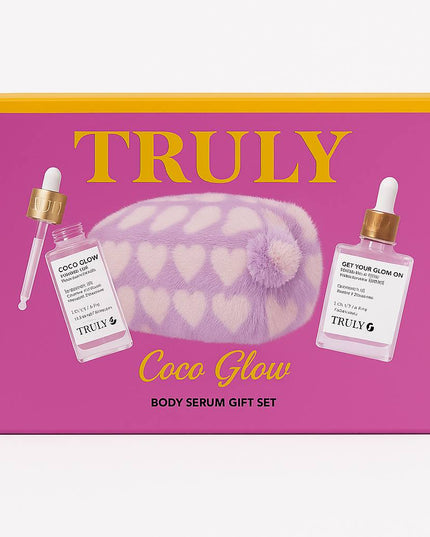 Give your skin the ultimate glow-up with the Truly Coco Glow Body Serum Gift Set! This bright and vibrant set includes two bestselling serums paired with an ultra-soft, heart-patterned fuzzy cosmetic bag — making it the perfect gift for yourself or anyone who loves glowing, hydrated skin.