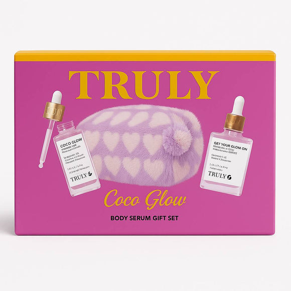 Give your skin the ultimate glow-up with the Truly Coco Glow Body Serum Gift Set! This bright and vibrant set includes two bestselling serums paired with an ultra-soft, heart-patterned fuzzy cosmetic bag — making it the perfect gift for yourself or anyone who loves glowing, hydrated skin.