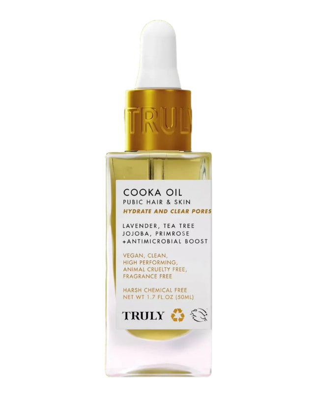 Truly Cooka Oil For Pubic Hair & Skin is a silky, lightweight antimicrobial oil for the pubic hair + bikini line that gently soothes irritation, clears pores, combats ingrown and softens the skin. Use anywhere hair meets skin for grease-free hydration and a noticeably softer texture.