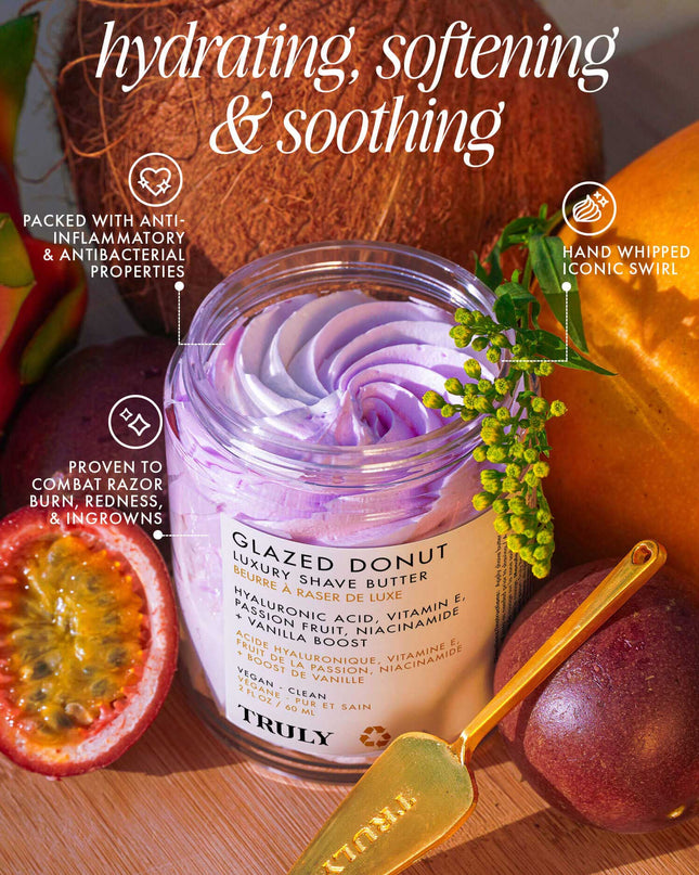 Get smooth, lustrous skin with our new Glazed Donut Whipped Shave Butter. This ultra-rich, hydrating formula softens hair for maximum glide and creates a buttery moisture barrier to protect against razor burn and bumps. Loaded with hyaluronic acid and niacinamide, it’s perfect for dry, easily irritated skin.