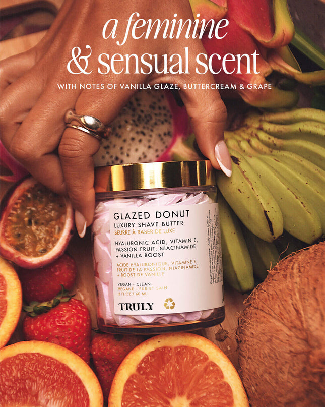 Get smooth, lustrous skin with our new Glazed Donut Whipped Shave Butter. This ultra-rich, hydrating formula softens hair for maximum glide and creates a buttery moisture barrier to protect against razor burn and bumps. Loaded with hyaluronic acid and niacinamide, it’s perfect for dry, easily irritated skin.