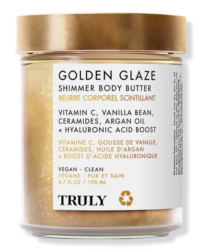 Truly’s Golden Glaze Shimmer Body Butter restores dewy, bouncy skin with a brightening blend of vitamin C and argan oil. It boosts elasticity, protects against external aggressors, and smooths out fine lines and wrinkles for a youthful, golden glow.