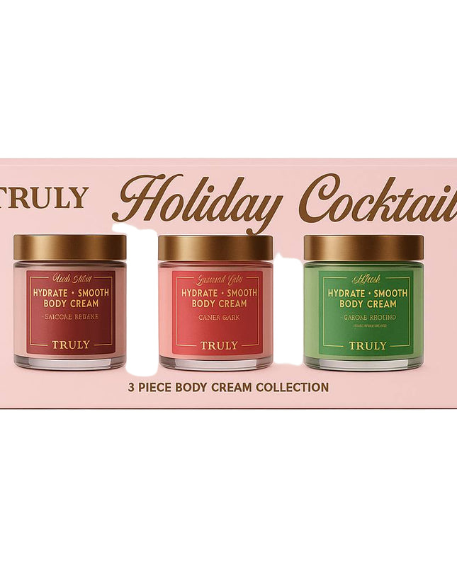 Indulge your skin in festive luxury with the Truly Holiday Cocktail 3-Piece Body Cream Collection. This limited-edition set features three rich, ultra-hydrating body creams inspired by your favorite holiday cocktails. Each cream is crafted with nourishing ingredients and decadent fragrances to leave your skin soft, smooth, and beautifully scented all season long.