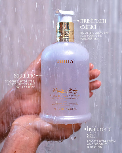 A luxurious, ultra-foaming body wash with hints of cozy vanilla and pear turns your shower into the ultimate sanctuary. Infused with hyaluronic acid and squalane to leave you feeling soft, clean, and hydrated.&nbsp;