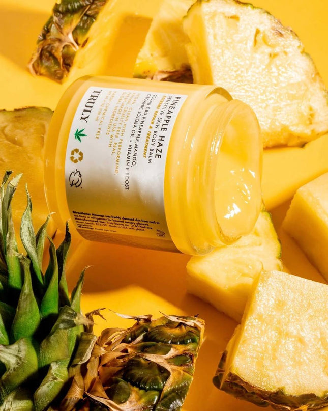 Truly's Pineapple Haze Sensitive Skin Body Balm is a head-to-toe moisturizer that provides instant relief and long-term hydration for dry, distressed skin, even eczema.
