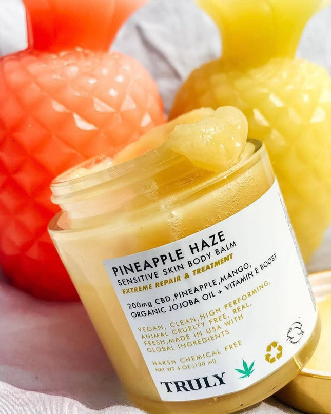 Truly's Pineapple Haze Sensitive Skin Body Balm is a head-to-toe moisturizer that provides instant relief and long-term hydration for dry, distressed skin, even eczema.