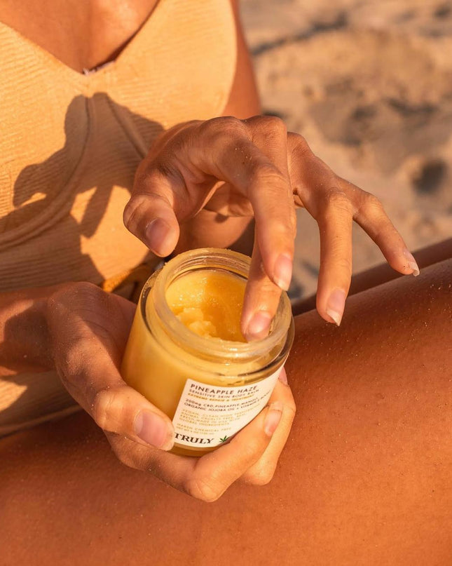 Truly's Pineapple Haze Sensitive Skin Body Balm is a head-to-toe moisturizer that provides instant relief and long-term hydration for dry, distressed skin, even eczema.